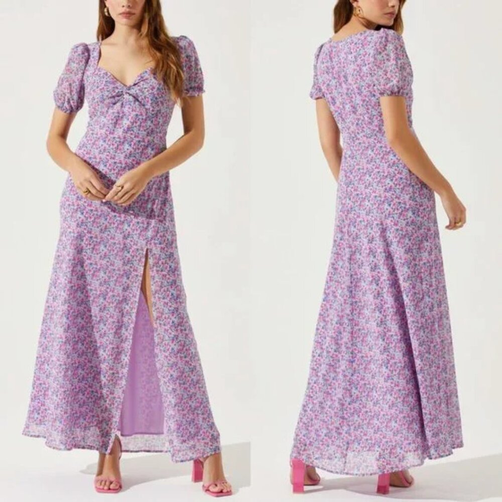 ASTR the Label Sweetheart Neck Maxi Dress in Pink Purple Blue Ditzy, L - Picture 2 of 11